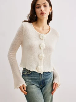 Best Wool-Blend Lettuce Trim 3D Flower Cardigan Cardigans|Sweaters & Cardigans