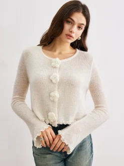Wool-Blend Lettuce Trim 3D Flower Cardigan Cardigans|Sweaters & Cardigans