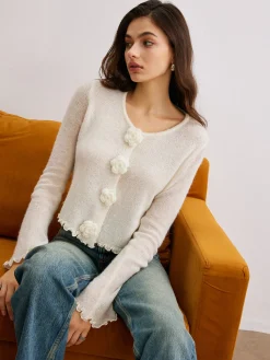 Wool-Blend Lettuce Trim 3D Flower Cardigan Cardigans|Sweaters & Cardigans