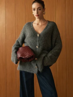 New Wool-Blend Metal Button Knit Outerwear Sweater Tops|Outerwear