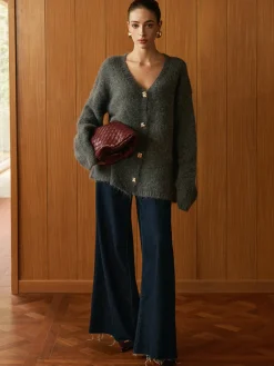 New Wool-Blend Metal Button Knit Outerwear Sweater Tops|Outerwear