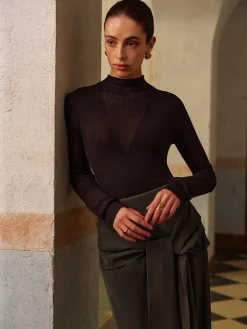 Clearance Wool-Blend Semi-Sheer Ribbed Knit Top Knitwear|Tops