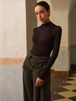 Clearance Wool-Blend Semi-Sheer Ribbed Knit Top Knitwear|Tops