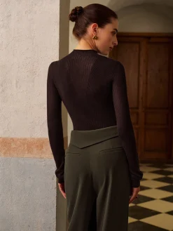 Clearance Wool-Blend Semi-Sheer Ribbed Knit Top Knitwear|Tops