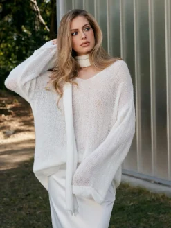 Hot Wool-Blend Semi-Sheer Sweater With Scarf Sweater Tops|Sweaters & Cardigans