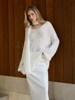 Hot Wool-Blend Semi-Sheer Sweater With Scarf Sweater Tops|Sweaters & Cardigans