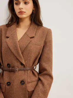 Outlet Wool-Blend Textured Belted Blazer Outerwear|Blazers