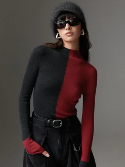 Hot Wool-Blend Two Tone Skinny Knit Top Sweater Tops|Sweaters & Cardigans