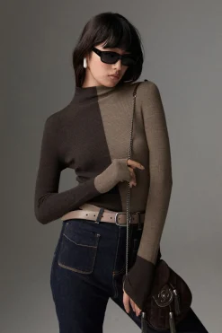 Hot Wool-Blend Two Tone Skinny Knit Top Sweater Tops|Sweaters & Cardigans