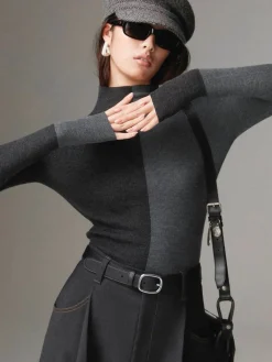 Clearance Wool-Blend Two Tone Skinny Knit Top Sweater Tops|Sweaters & Cardigans