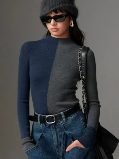 Clearance Wool-Blend Two Tone Skinny Knit Top Sweater Tops|Sweaters & Cardigans