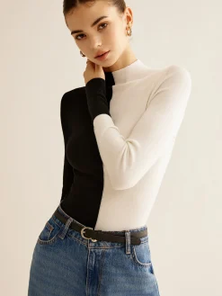 Clearance Wool-Blend Two Tone Skinny Knit Top Sweater Tops|Sweaters & Cardigans