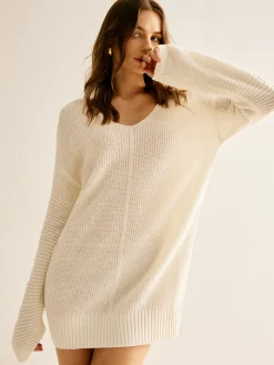 Discount Wool-Blend V-Neck Sweater Dress Without Belt White Dresses|Sweater Dresses