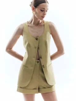 Discount Woolen Button Split Pleated Vest Outerwear|Vests