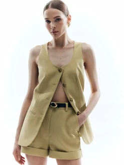 Discount Woolen Button Split Pleated Vest Outerwear|Vests