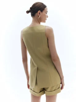 Discount Woolen Button Split Pleated Vest Outerwear|Vests