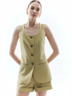 Discount Woolen Button Split Pleated Vest Outerwear|Vests