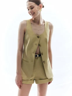 Discount Woolen Button Split Pleated Vest Outerwear|Vests