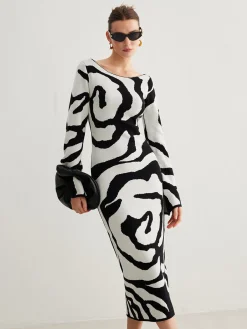 New Zebra Bell Sleeve Sweater Dress White Dresses|Sweater Dresses