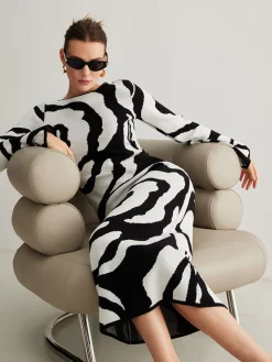 New Zebra Bell Sleeve Sweater Dress White Dresses|Sweater Dresses