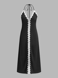 New Zig Zag Edge Halter Midi Dress Black Dresses|Vacation Dresses