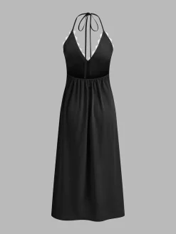 New Zig Zag Edge Halter Midi Dress Black Dresses|Vacation Dresses
