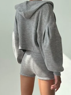 Best Zip Up Hoodie Three Piece Rib Shorts Set Shorts Sets|Long Sleeve Sets