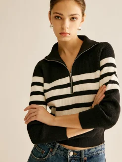 Zipper Striped Knit Top Knitwear|Tops