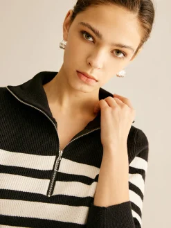 Zipper Striped Knit Top Knitwear|Tops
