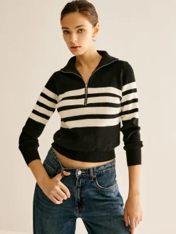 Zipper Striped Knit Top Knitwear|Tops