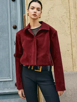 Online Zipper-Pockets Lapel Suede Jacket Outerwear|Jackets